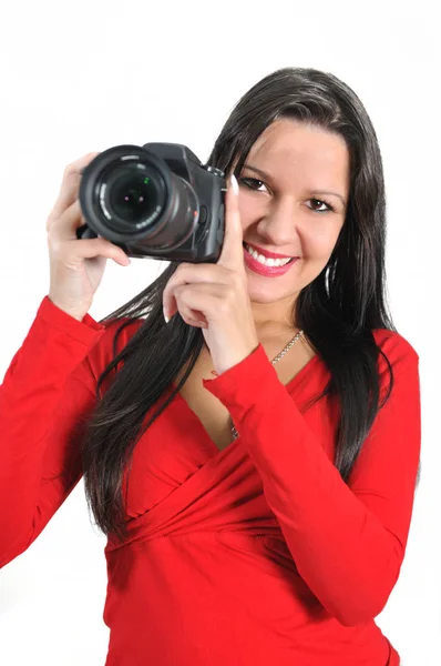 Jonge Vrouw Houdt Camera Hand Nemen Foto Geïsoleerd — Stockfoto