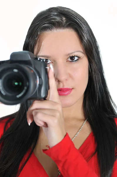 Νεαρή Γυναίκα Κρατώντας Φωτογραφική Μηχανή Στο Χέρι Λήψη Εικόνα Απομονωμένη — Φωτογραφία Αρχείου
