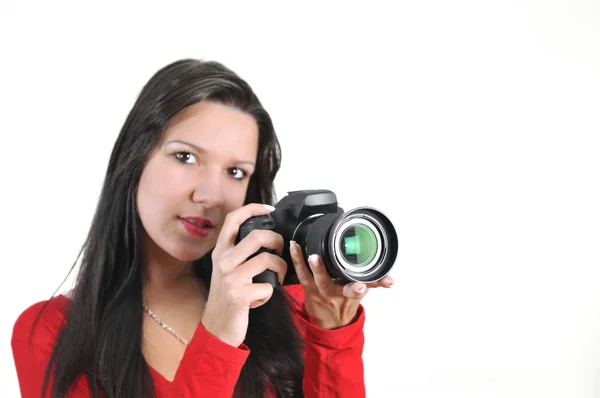 Jovem Mulher Segurando Câmera Mão Tirando Foto Isolada — Fotografia de Stock