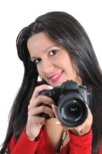 Jonge Vrouw Houdt Camera Hand Nemen Foto Geïsoleerd — Stockfoto