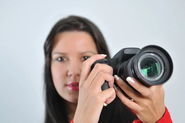 Young Woman Holding Camera Hand Taking Picture Isolated — Stock Photo, Image