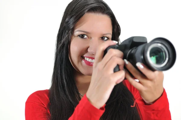 Jonge Vrouw Houdt Camera Hand Nemen Foto Geïsoleerd — Stockfoto