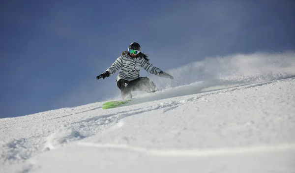 Snowboard Woman Racing Downhill Slope Freeride Powder Snow Winter Season — Stock Photo, Image