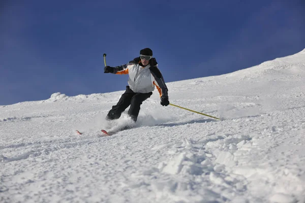 Skier Free Ride Downhill Winter Season Beautiful Sunny Day — Stock Photo, Image