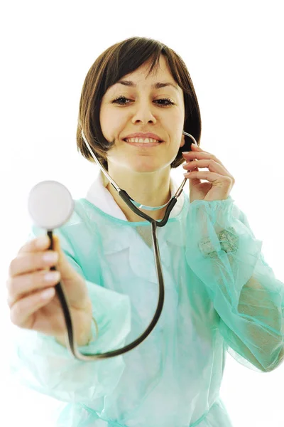 Young Happy Doctor Nurse Woman Stethoscope Isolated White — Stock Photo, Image