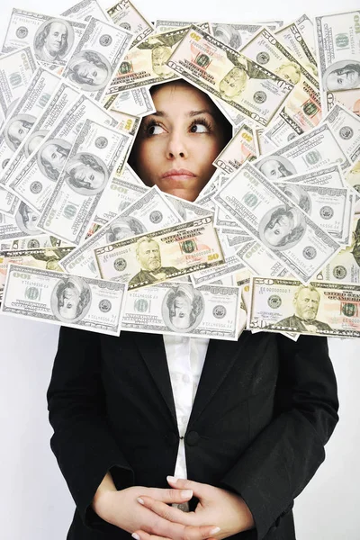 Glückliche Junge Geschäftsfrau Isoliert Von Weißen Die Mit Dollargeld Spielen — Stockfoto