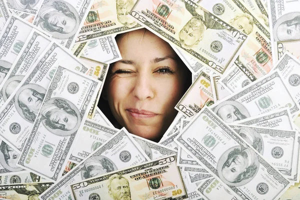 Feliz Joven Mujer Negocios Aislada Blanco Jugando Con Dólares Dinero — Foto de Stock