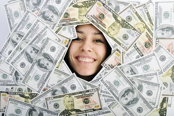 Щаслива Молода Бізнес Леді Ізольована Білому Граючи Доларами Гроші Представляючи — стокове фото