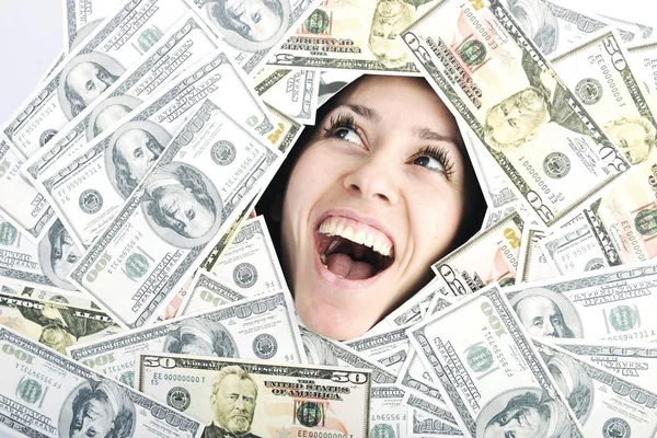 Feliz Joven Mujer Negocios Aislada Blanco Jugando Con Dólares Dinero — Foto de Stock