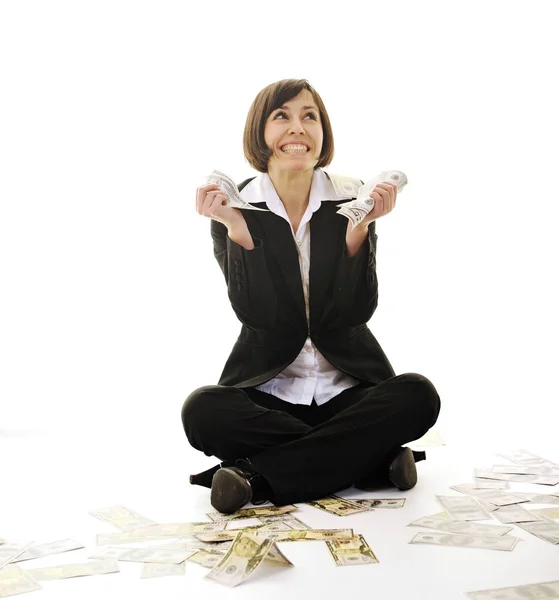 快乐的年轻商业女人上白玩美元的钱 表示在金融领域的成功分离 — 图库照片