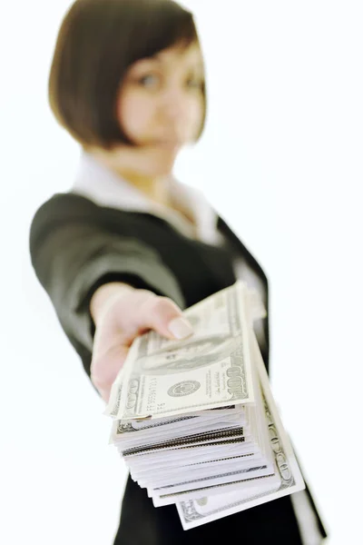 Feliz Joven Mujer Negocios Aislada Blanco Jugando Con Dólares Dinero —  Fotos de Stock