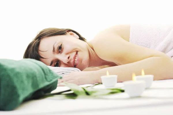 Young Woman Relax Enjoy Back Massage Treatment Isolated White — Stock Photo, Image