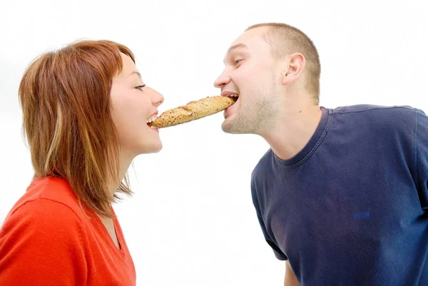 Happy Couple Eating Croissant — Stock Photo, Image