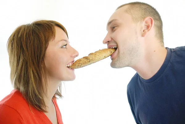 Happy Couple Eating Croissant — Stock Photo, Image