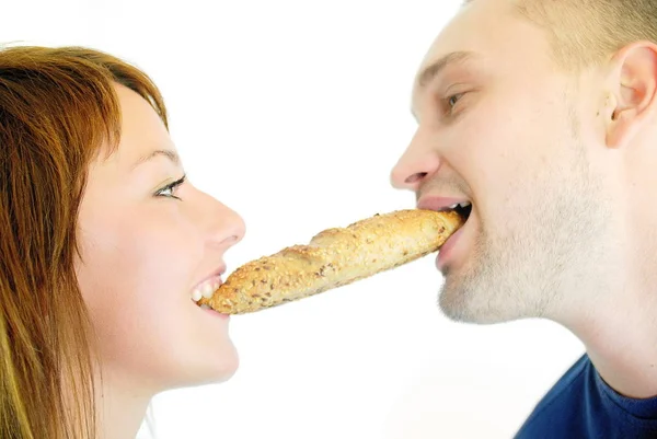 Happy Couple Eating Croissant — Stock Photo, Image
