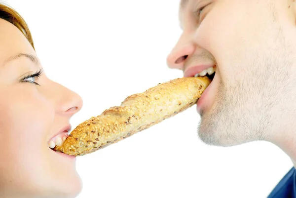 Happy Couple Eating Croissant — Stock Photo, Image