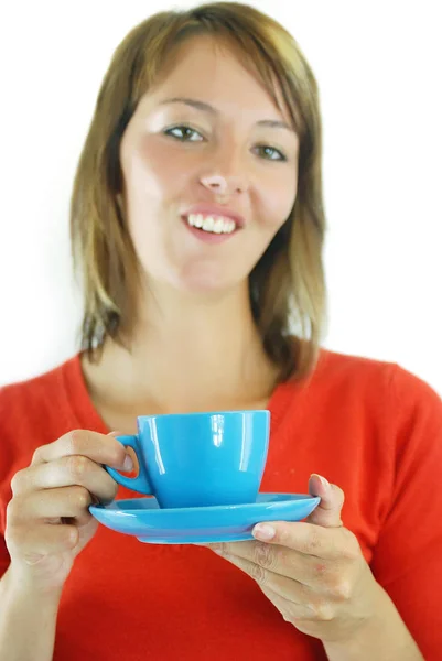 Mulher Vermelho Segurar Azul Xícara Café — Fotografia de Stock