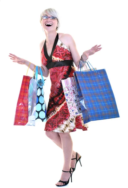 Felices Mujeres Adultas Jóvenes Compras Con Bolsas Colores Aislados Sobre —  Fotos de Stock