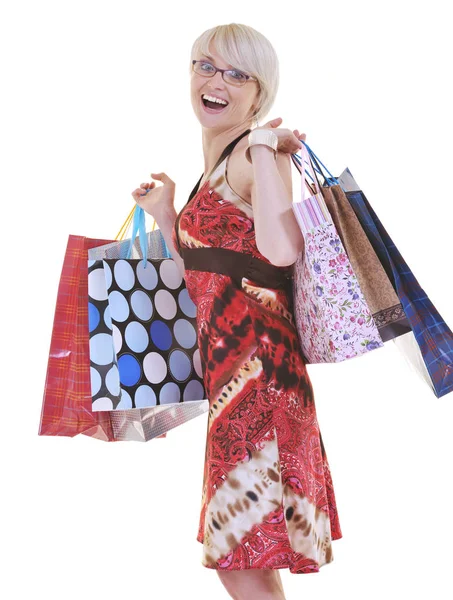 Felices Mujeres Adultas Jóvenes Compras Con Bolsas Colores Aislados Sobre — Foto de Stock