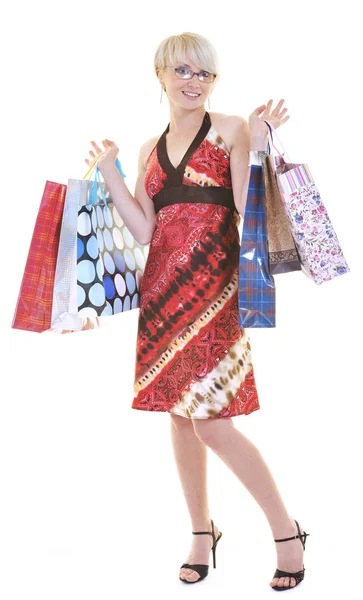 Felices Mujeres Adultas Jóvenes Compras Con Bolsas Colores Aislados Sobre — Foto de Stock