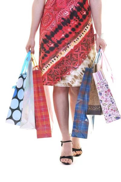 Wanita Muda Yang Bahagia Belanja Dengan Tas Berwarna Terisolasi Atas — Stok Foto