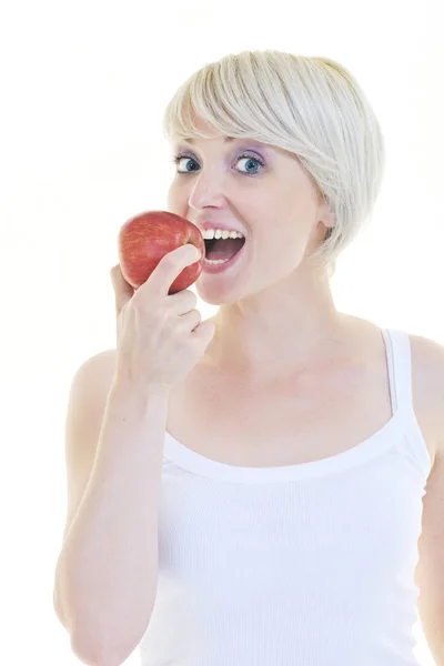 Happy Young Woman Eat Green Apple Isolated White Backround Studio — Stock Photo, Image