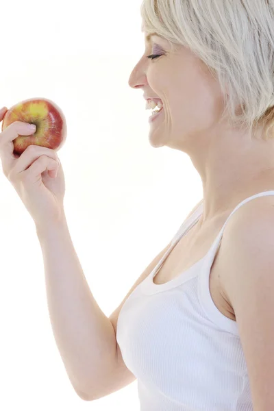 Lycklig Ung Kvinna Äter Grönt Äpple Isolerad Vit Bakrund Studion — Stockfoto