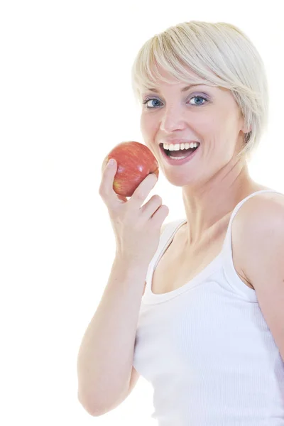 Lycklig Ung Kvinna Äter Grönt Äpple Isolerad Vit Bakrund Studion — Stockfoto