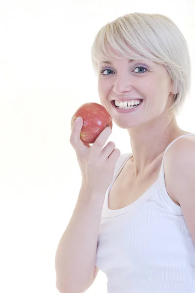 Heureuse Jeune Femme Manger Pomme Verte Isolé Sur Fond Blanc — Photo