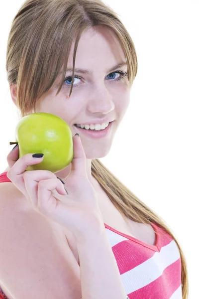 Stüdyo Beyaz Elma Izole Kadın Mutlu Yeşil Yemek — Stok fotoğraf