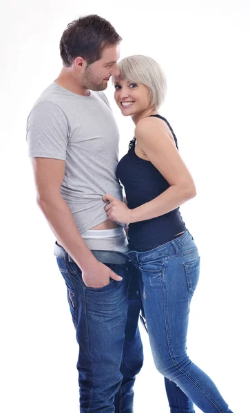 Junges Paar Isoliert Auf Weiß Modischer Unterwäsche Und Blauer Jeanskleidung — Stockfoto
