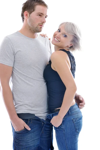 Young Couple Isolated White Fashionable Underwear Blue Jeans Clothing — Stock Photo, Image