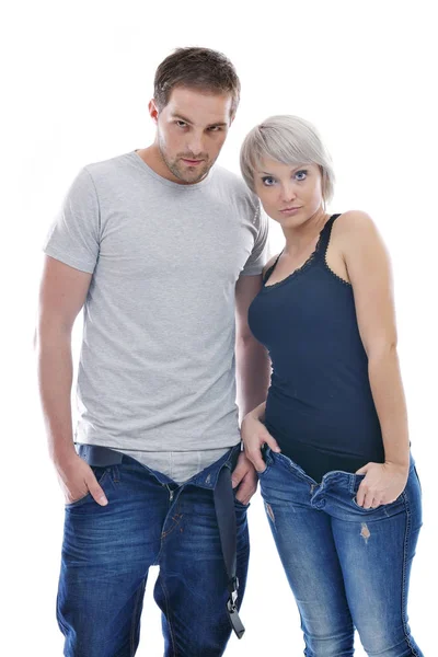 Junges Paar Isoliert Auf Weiß Modischer Unterwäsche Und Blauer Jeanskleidung — Stockfoto