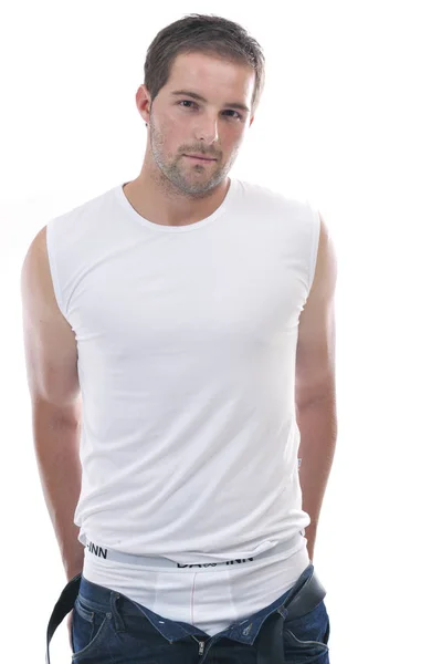 Gesund Fitter Junger Mann Unterwäsche Auf Weißem Hintergrund Studio — Stockfoto