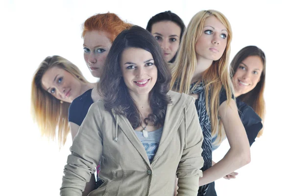 Grupo Meninas Felizes Divertir Alegria Enquanto Smilling Folheando Estúdio Isolado — Fotografia de Stock