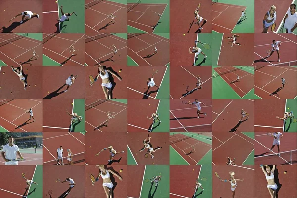 Коллаж Мозаика Изображений Теннисисткой Спортивной Женщины Паре Воссоздавая Представляя Спорт — стоковое фото