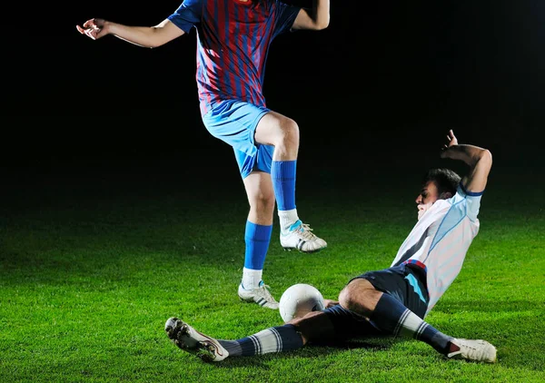 Διαγωνισμός Δράση Τρέχει Και Άλμα Μονομαχία Των Ποδοσφαιριστών Στο Γήπεδο — Φωτογραφία Αρχείου