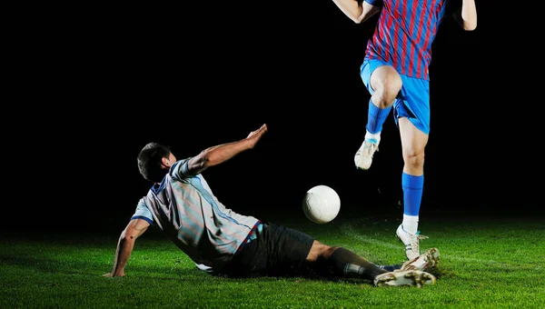 Competencia Acción Correr Saltar Duelo Futbolistas Estadio Fútbol Por Noche — Foto de Stock