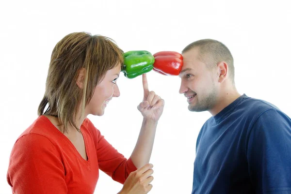 Romance Healthy Couple Peppers — Stock Photo, Image