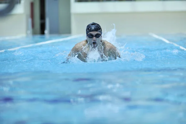 Young Healthy Muscular Body Man Swim Swimming Pool Representing Healthy — Stock Photo, Image