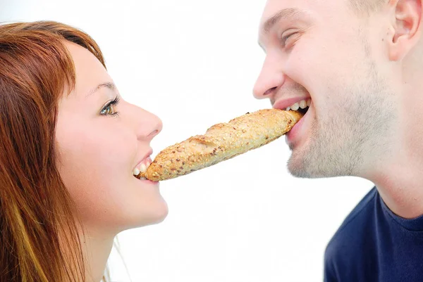 Happy Couple Eating Croissant — Stock Photo, Image