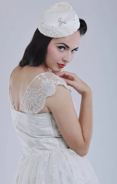 Beautiful Young Bride Wearing Wedding Dress Retro Fashion Style Isolated Stock Photo