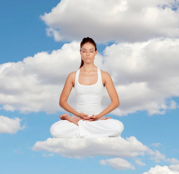 Woman Doing Yoga Sitting Cloud — Stock Photo, Image