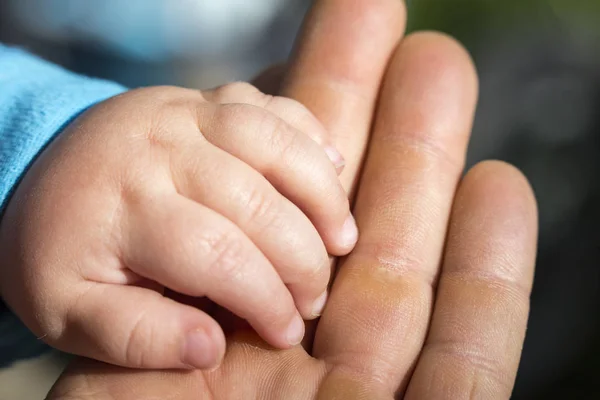 Close Van Een Vrouwelijke Hand Houden Van Een Baby Handen — Stockfoto