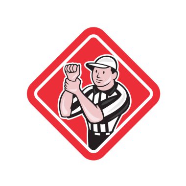 Illustration of an american football official referee with hand signal signaling illegal use of hands facing front set inside diamond shape done in cartoon style. clipart