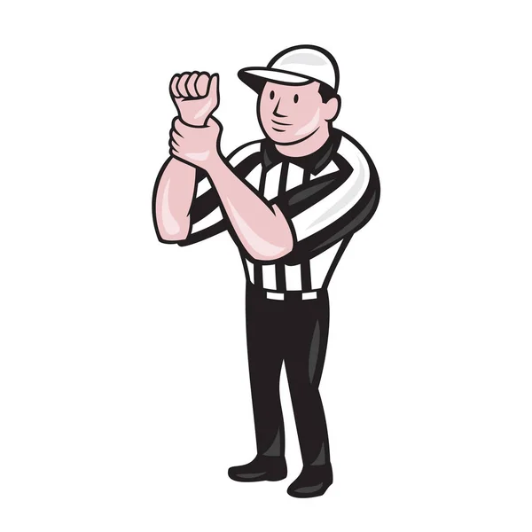 アメリカのサッカー公式審判のイラストを手で合図する漫画スタイルで行われた隔離された背景に正面に面した手の違法使用 — ストック写真