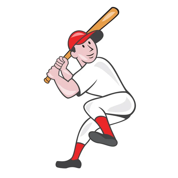 Illustration of an american baseball player batter hitter batting with one leg up done in cartoon style isolated on white background.