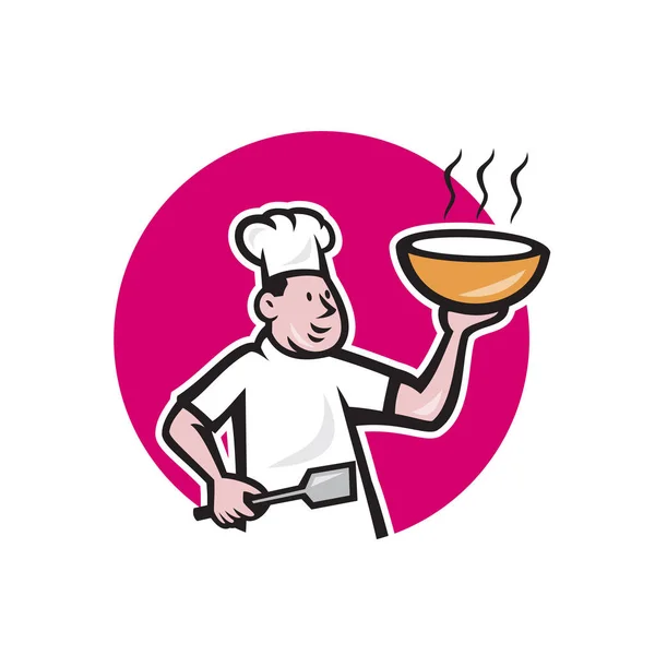 Aşçı Çizimi Yemek Sıcak Kase Erişte Çorbası Karikatür Tarzı Izole — Stok fotoğraf