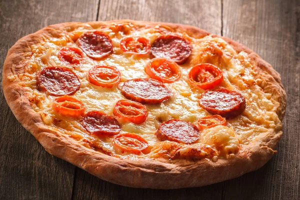 Pizza Closeup Salami Vegetables Old Wooden Background — Stock Photo, Image