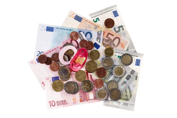 Νομίσματα Ευρώ Τραπεζογραμμάτια Και Πιπίλες Ευρώ Που Έχουν Απομονωθεί Λευκό — Φωτογραφία Αρχείου